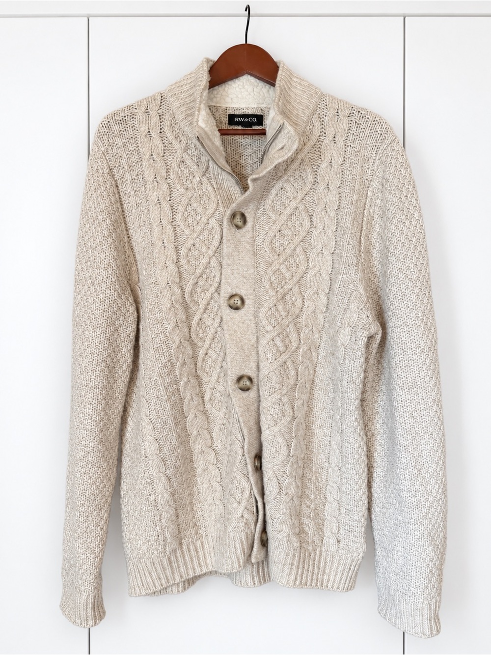 RW&CO. Men's Cream Cable-Knit Shawl Collar Button Cardigan (L)